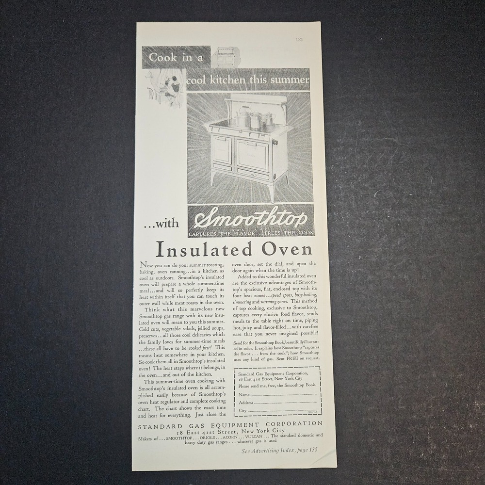1930 Standard Gas Smoothtop Insulated Oven 2/3 Page Black/White Vintage Print Ad
